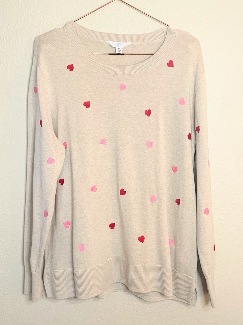 Heart Print Sweater Beige Pink Red Valentines Lightweight XL